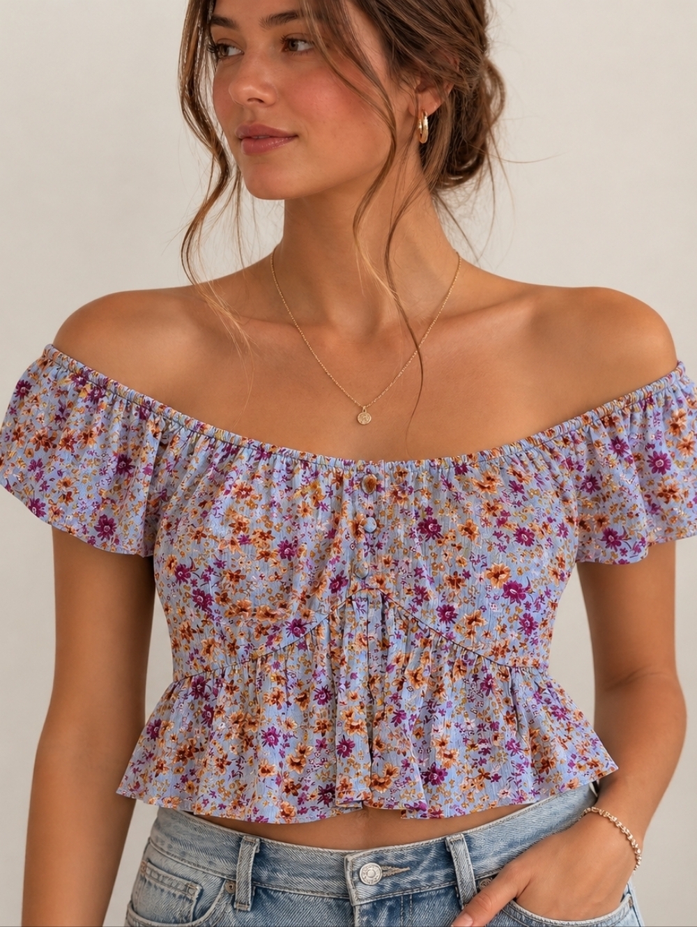 Pink Rose Blue Floral Off-Shoulder Peplum Crop Top Size Small New